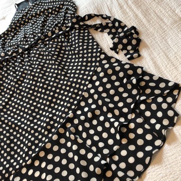 Express Black & White Polka Dot Cocktail Dress with Asymmetrical Ruffled Hemline - Picture 3 of 12